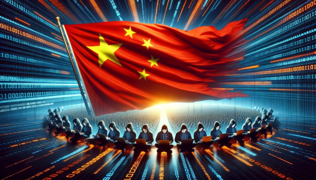 Eine Reihe von Hacker*innen vor einer chinesischen Flagge