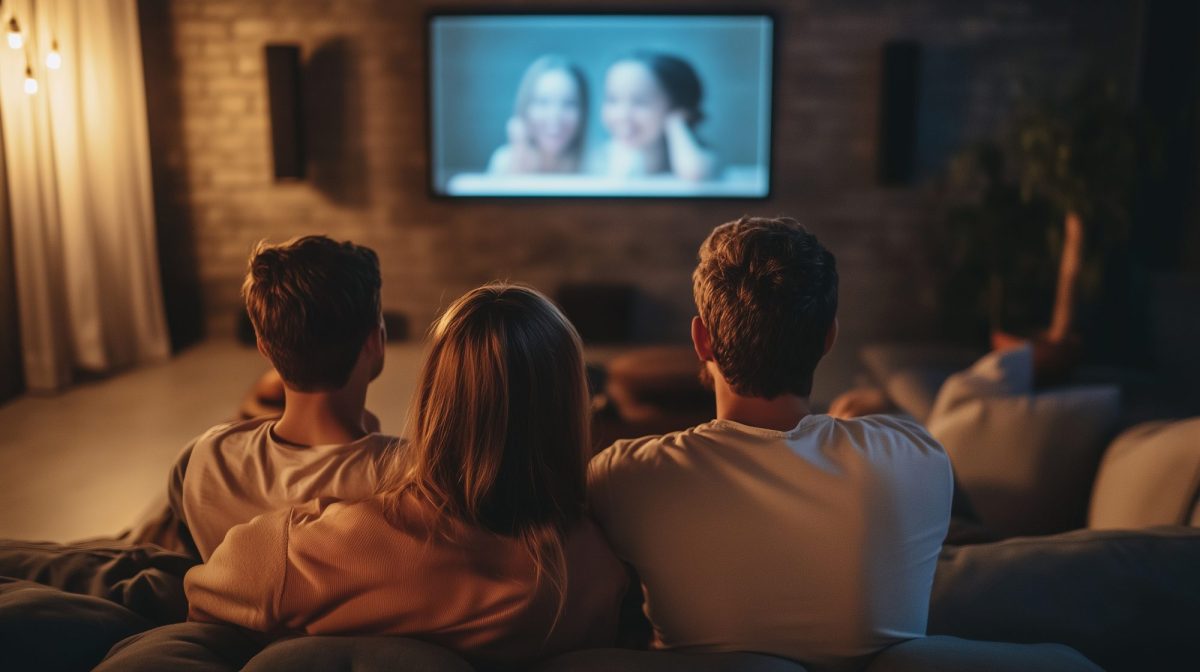 Eine Familie sitzt im Wohnzimmer und schaut in den Fernseher.