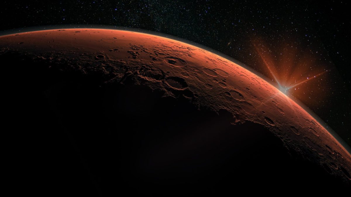 Computergenerierte Aufnahme des Mars. Im Hintergrund kommt die Sonne zum Vorschein.