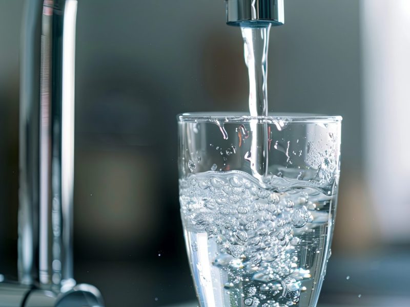 Wasser läuft aus einem Wasserhahn in ein Glas.