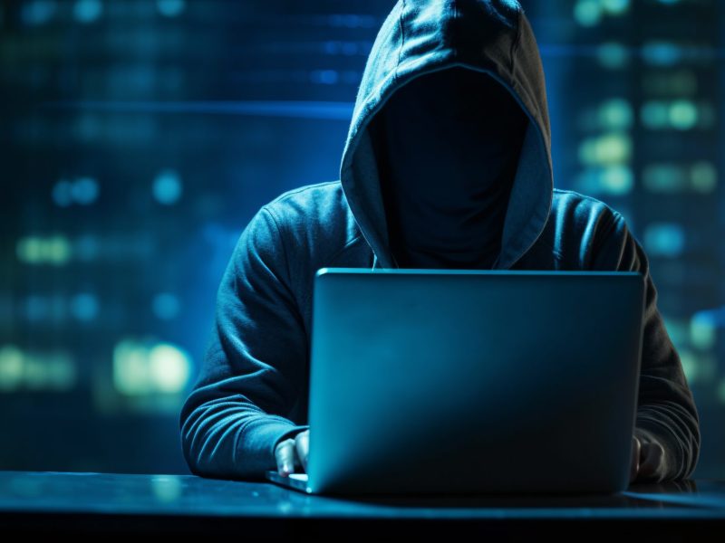 Hacker sitzt mit aufgezogener Kapuze vor einem Laptop.