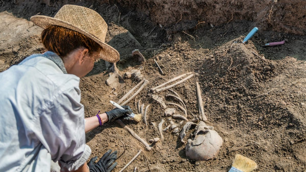 Frau arbeitet an einem archäologischen Fund.