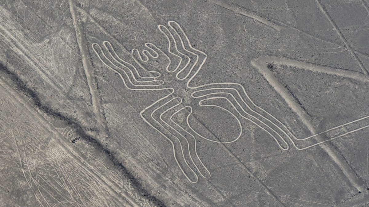 Nazca-Linien-Bild im Wüstenboden von Peru. Es hat die Form einer Spinne.