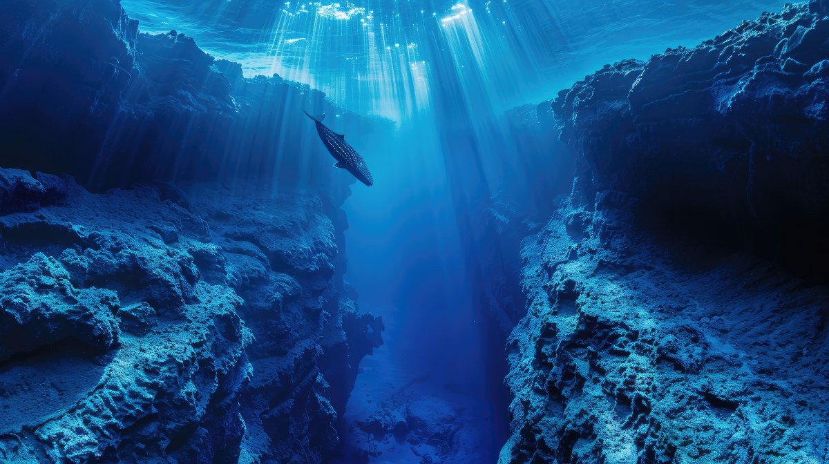 KI-generiertes Bild eines Grabens unter Wasser der in die Tiefe führt.