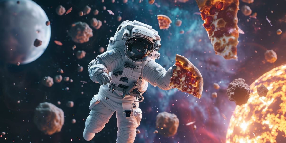 KI-generiertes Bild von einer*einem Astronaut*in im Weltall mit einem Stück Pizza in der Hand.