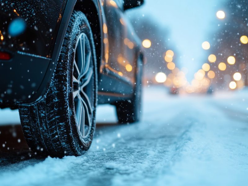 KI-generiertes Bild eines Autos auf einer mit Schnee bedeckten Straße.