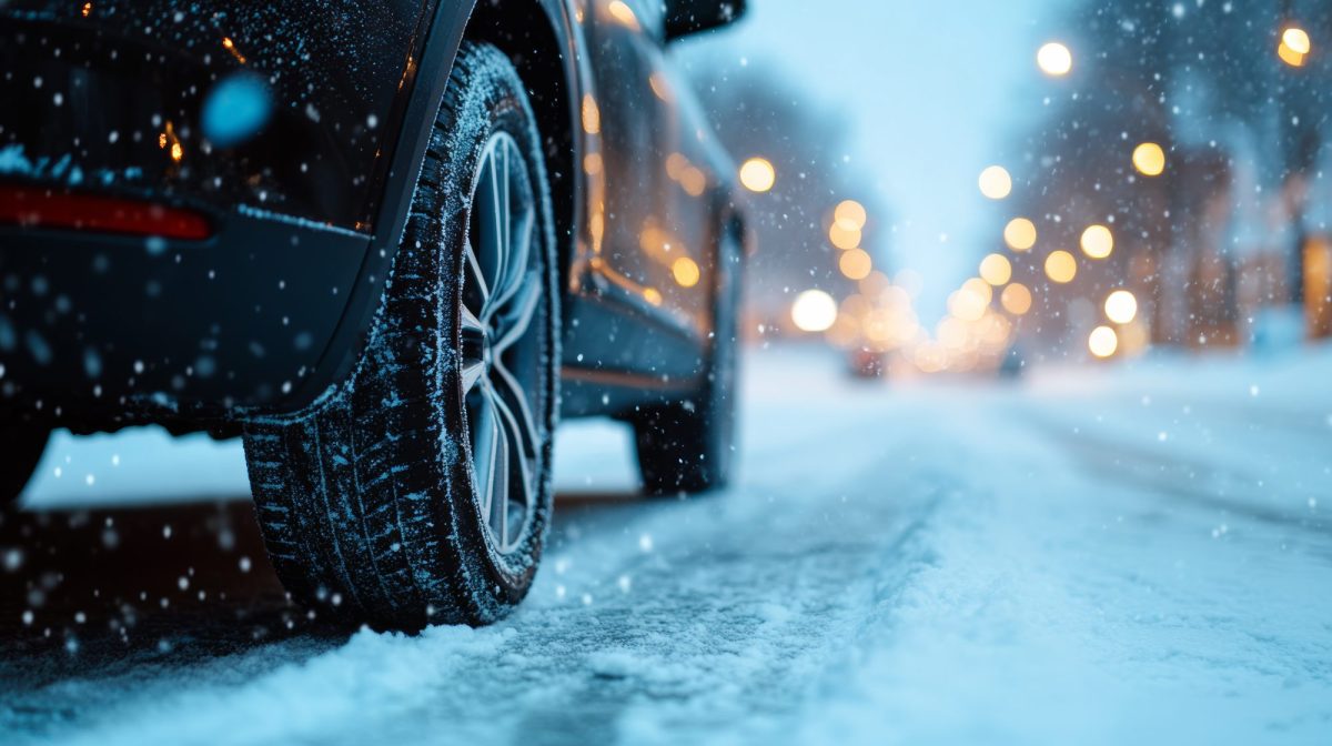 KI-generiertes Bild eines Autos auf einer mit Schnee bedeckten Straße.