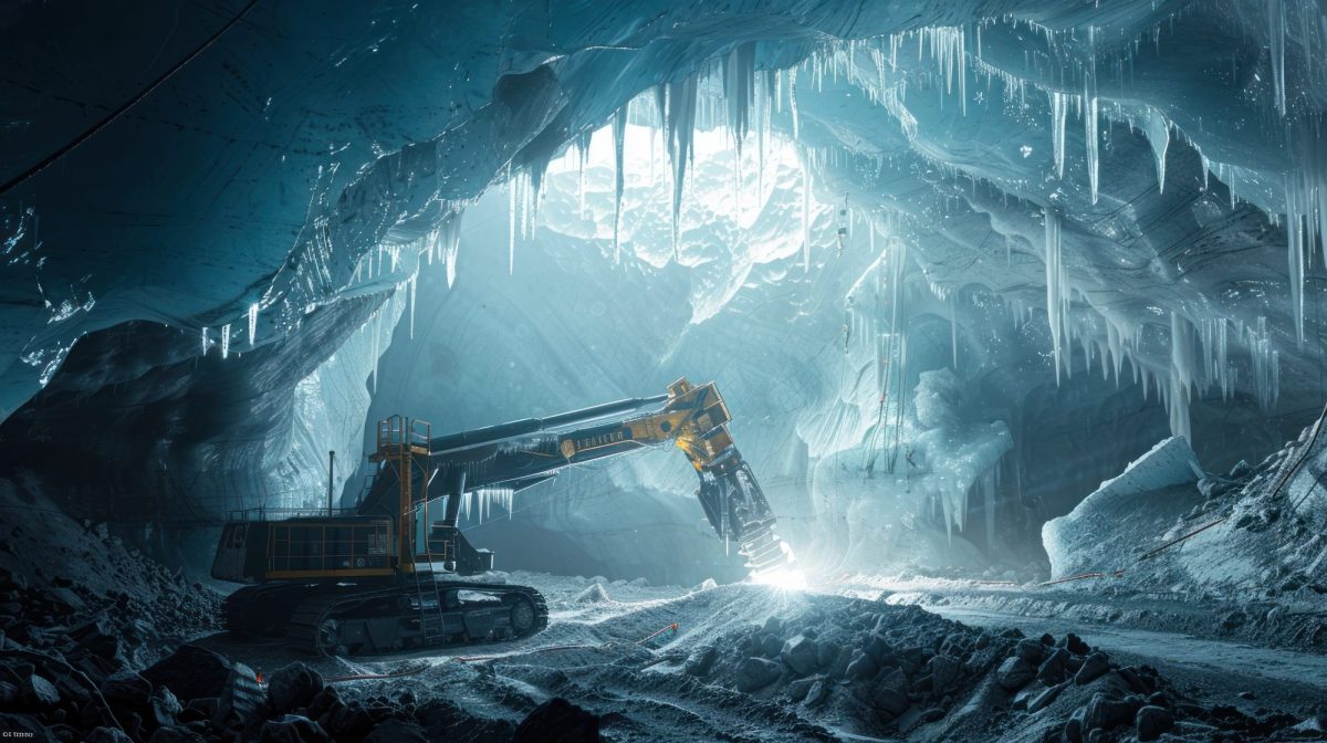 KI-generiertes Bild eines Baustellenfahrzeuges in einer Eis-Höhle.