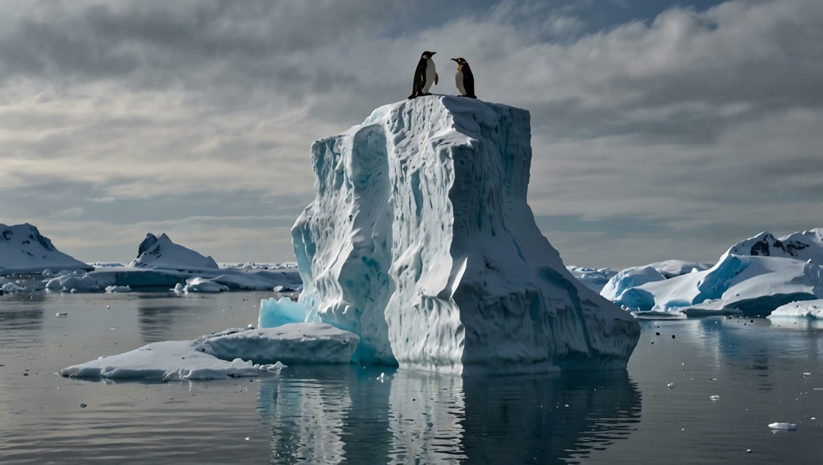 KI-generiertes Bild von zwei Pinguinen, die auf einem Stück Eis im Meer stehen.