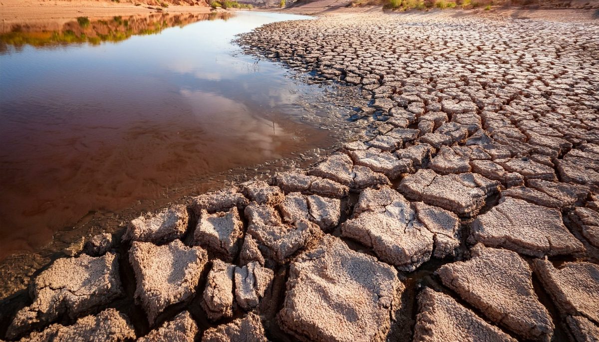 KI-generiertes Bild eines trockenen, aufgerissenen Bodens. Daneben ist eine kleine Menge Wasser zu sehen.