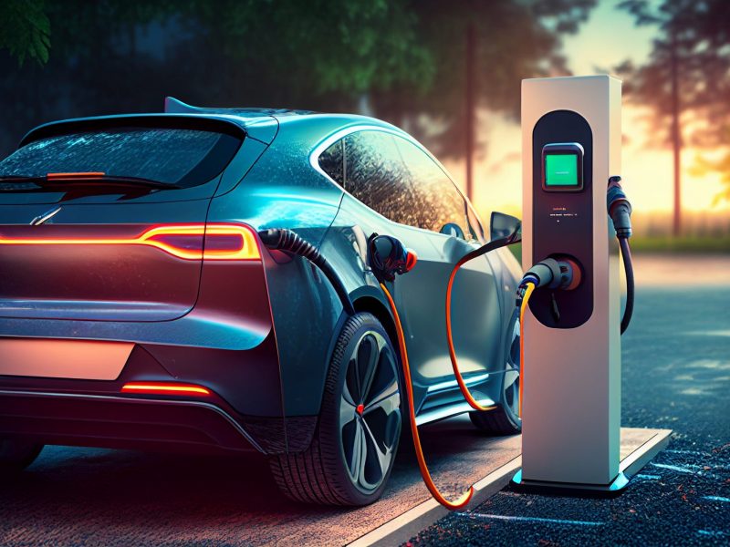 KI-generiertes Bild eines Elektroautos an einer Ladesäule