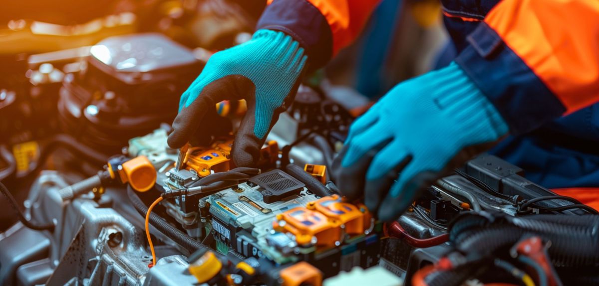 Person arbeitet an einem Elektroauto