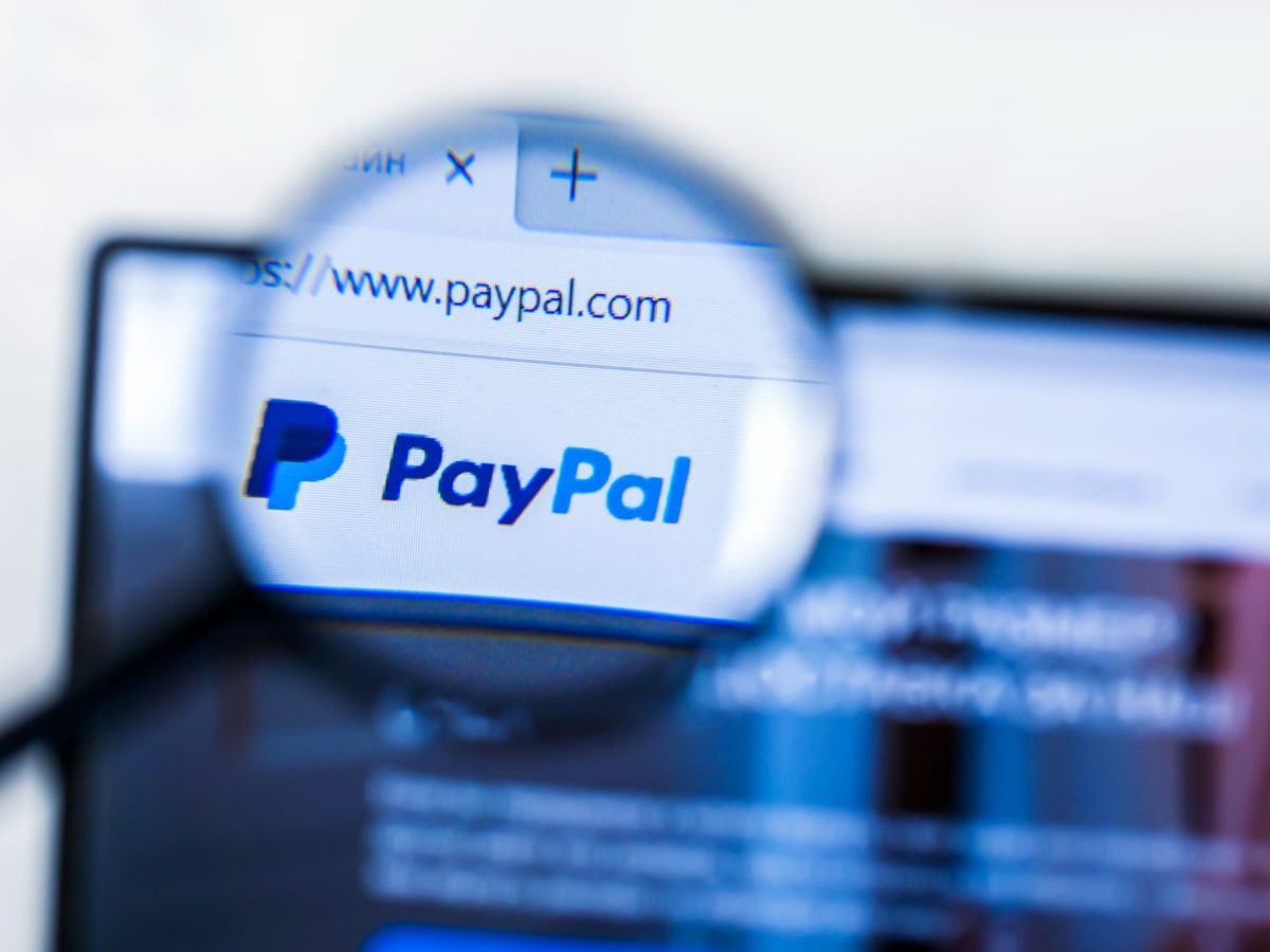 Lupe vergrößert das PayPal-Logo auf einem Computerbildschirm.