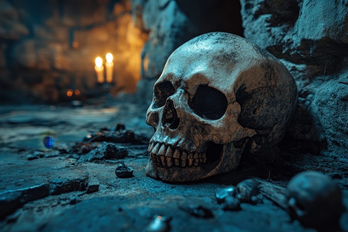 KI-generiertes Bild eines Totenkopfs in einer Höhle.