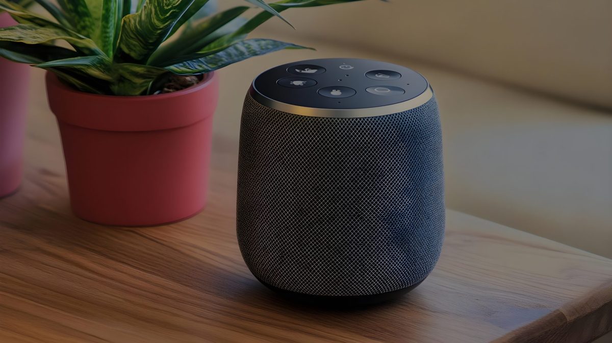Ein Bluetooth-Lautsprecher steht auf einem Tisch neben einer Pflanze.
