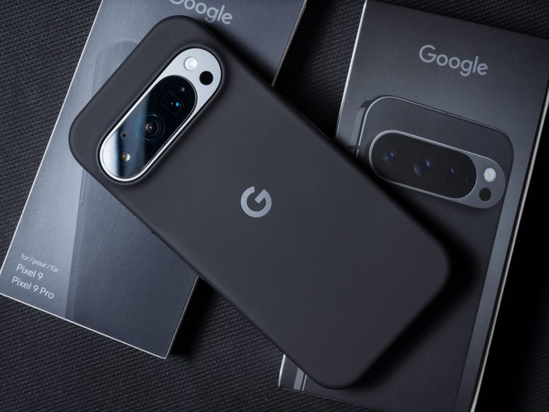 Google Pixel 9 liegt auf dem Verpackungskarton des Handys.