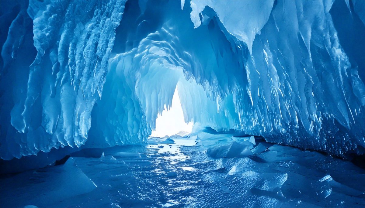 KI-generiertes Bild einer Eishöhle über dem Wasser