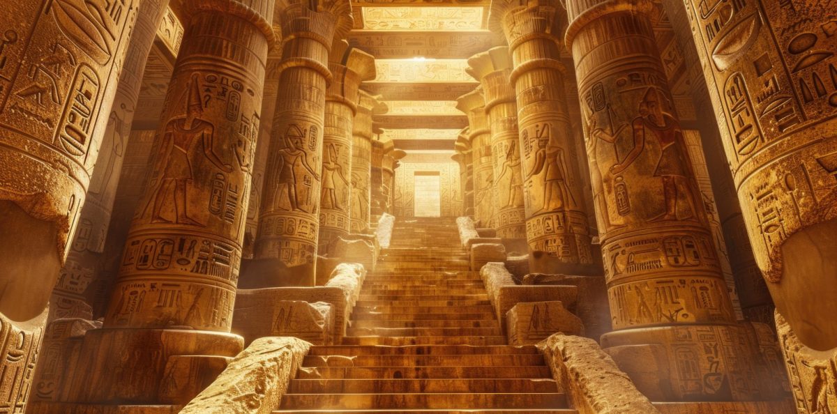 KI-generiertes Bild eines ägyptischen Tempels mit Steintreppe und Säulen mit Hieroglyphen.