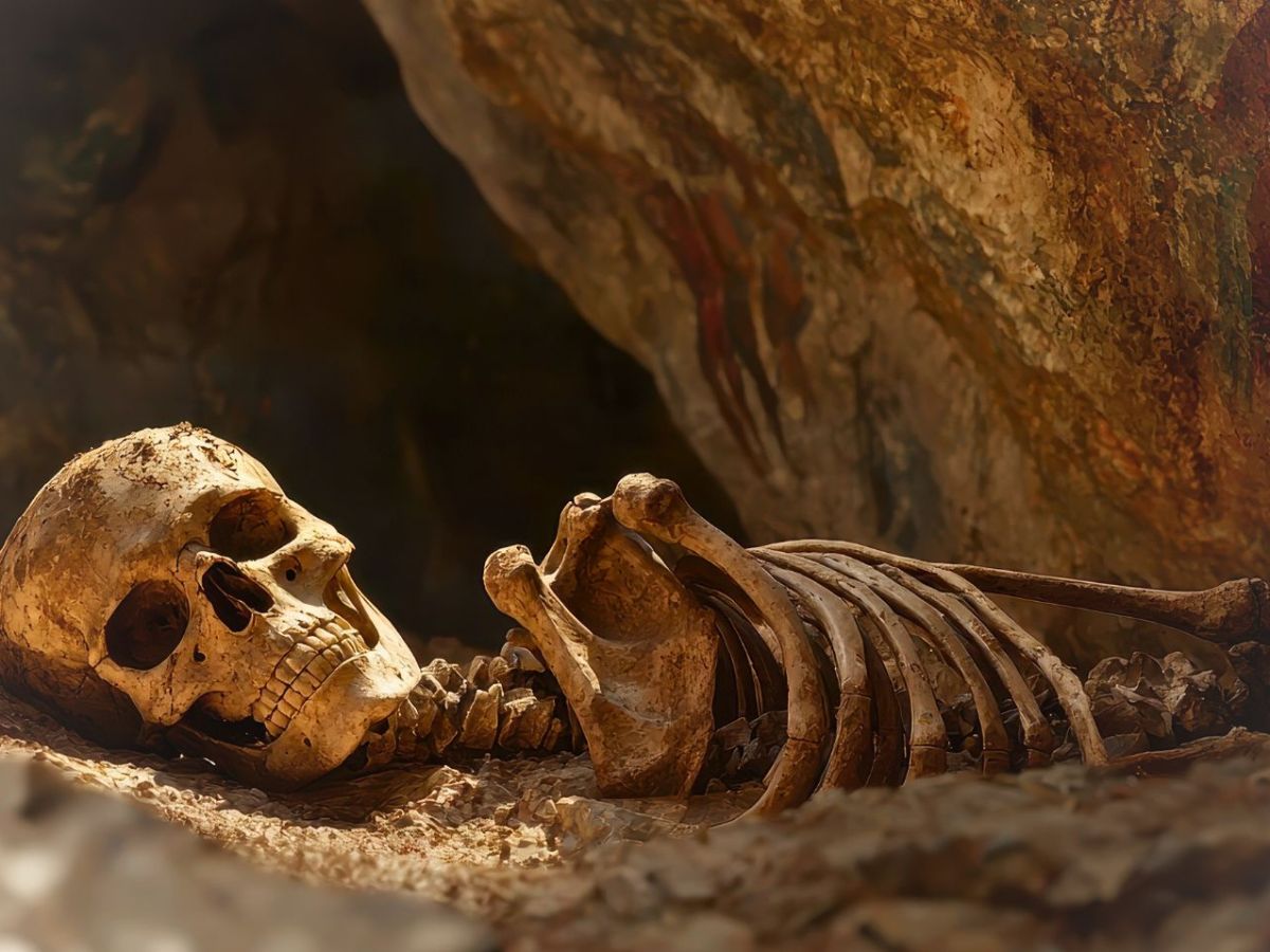 KI-generiertes Bild eines Skelettes in einer Höhle.