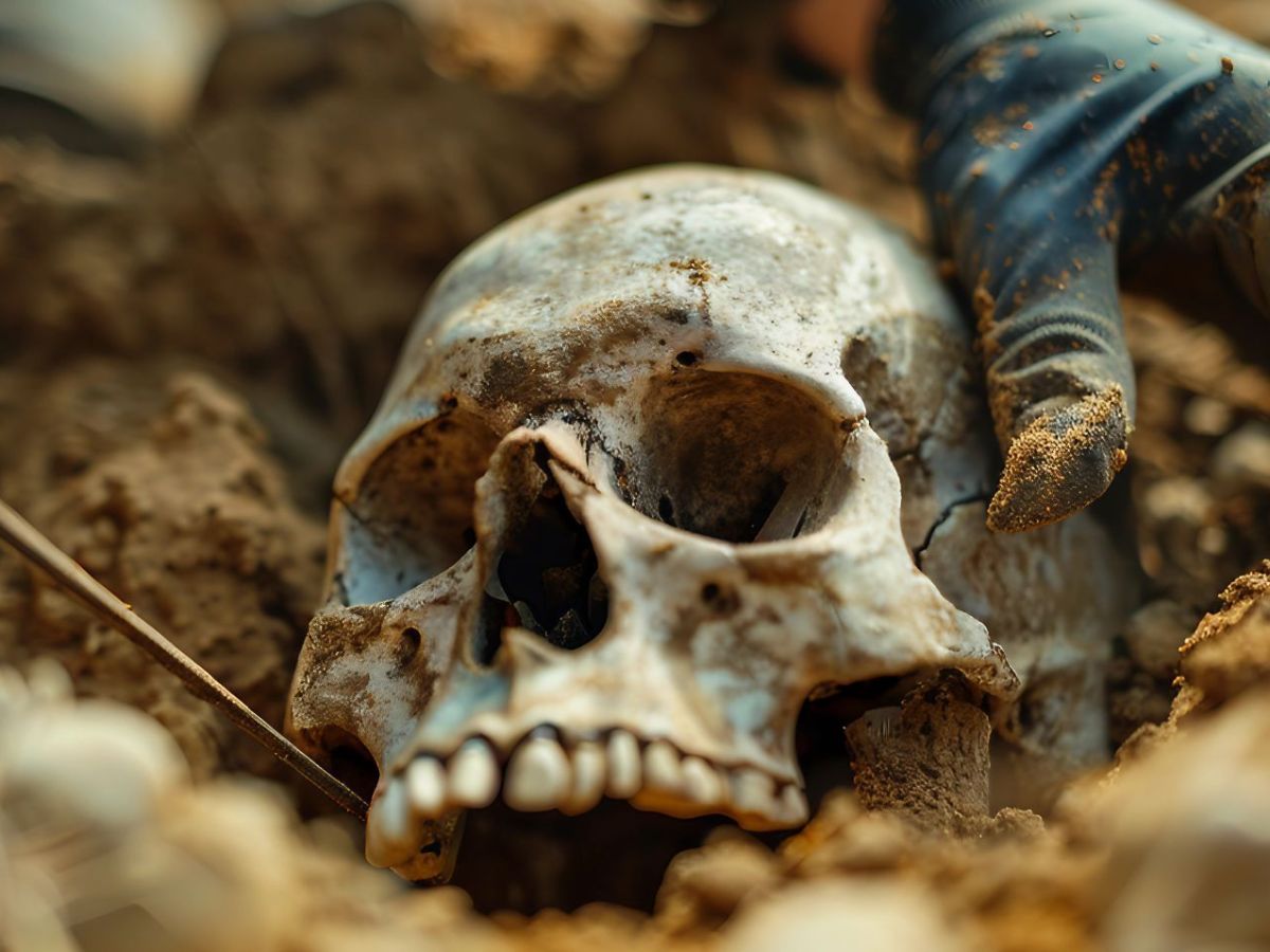 Ki-generietes Bild eines Totenschädels, der von einer Person aus dem Boden gehoben wird.