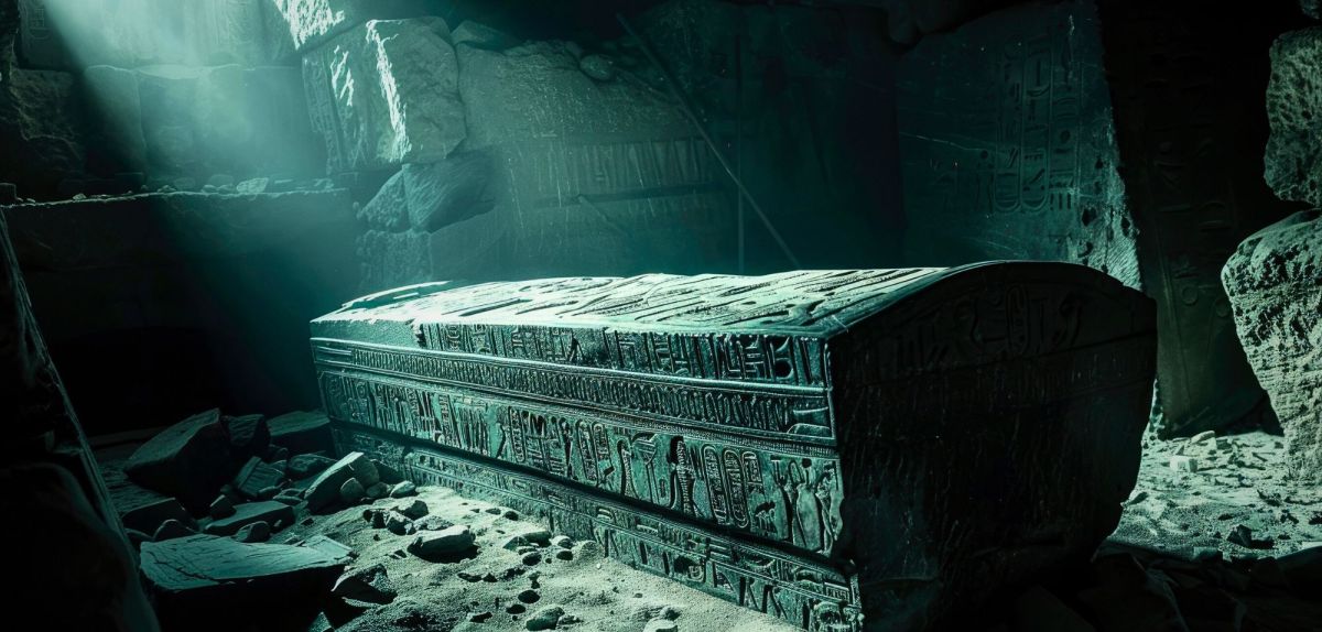 KI-generiertes Bild eines Sargs in einer dunklen Höhle.