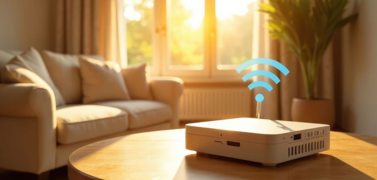 Ein Router steht auf einem Tisch in einem Wohnzimmer. Durch das Fenster scheint Sonnenlicht.