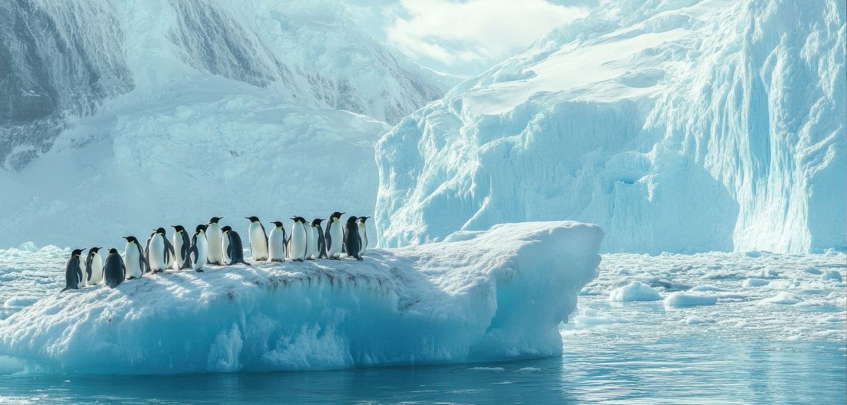 Pinguine auf einer Eisscholle in der Antarktis. (KI-Bild)