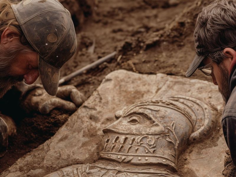 Zwei Forscher untersuchen einen archäologischen Fund (KI-generiertes Bild).