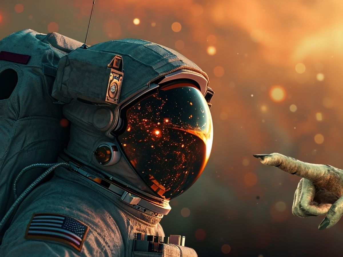 Alien-Finger zeigt auf einen Astronauten.