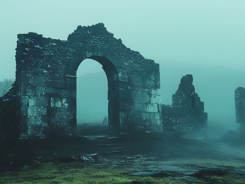 KI-generiertes Bild einer alten Ruine im Nebel