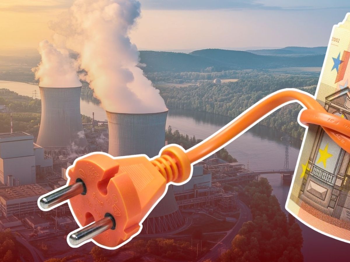 50-Euro-Schreine, eingewickelt in ein orangenes Stromkabel. Im Hintergrund ein Kernkraftwerk an einem Fluss.